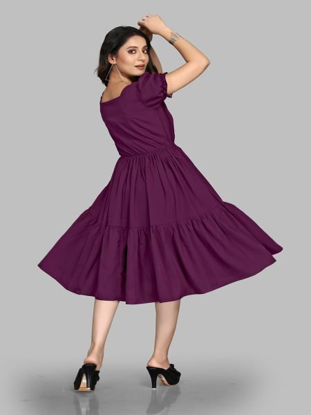 Wine Stylish Crape Solid Button Closure Layered Fit and Flare Dress with Puff Sleeves Dresses