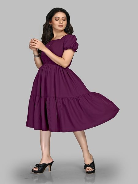 Wine Stylish Crape Solid Button Closure Layered Fit and Flare Dress with Puff Sleeves Dresses