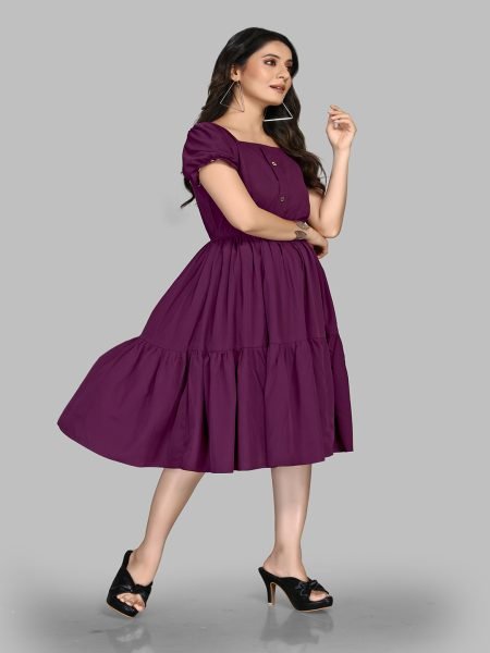 Wine Stylish Crape Solid Button Closure Layered Fit and Flare Dress with Puff Sleeves Dresses