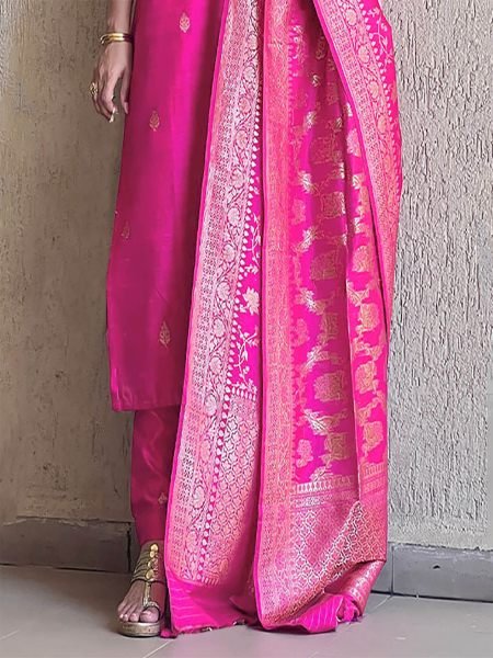 Women Art Silk Jacquard Pink Kurta Set With Dupatta Kurta Sets