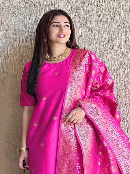 Women Art Silk Jacquard Pink Kurta Set With Dupatta Kurta Sets