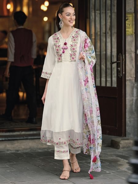 Women Cotton Rayon Embroidered White Kurta Set With Dupatta 