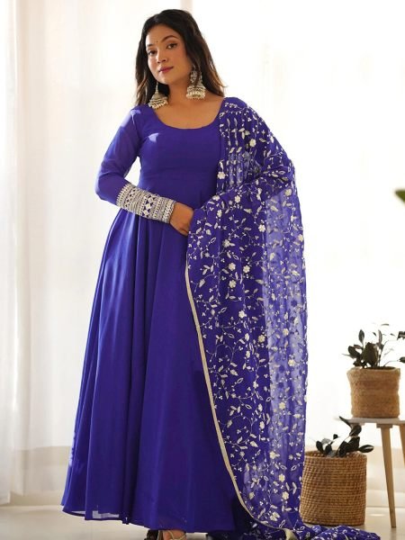 Women Georgette Embroidery  Royal Blue Gown Dupatta Set 