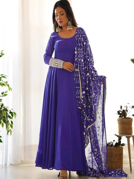 Women Georgette Embroidery  Royal Blue Gown Dupatta Set Gown