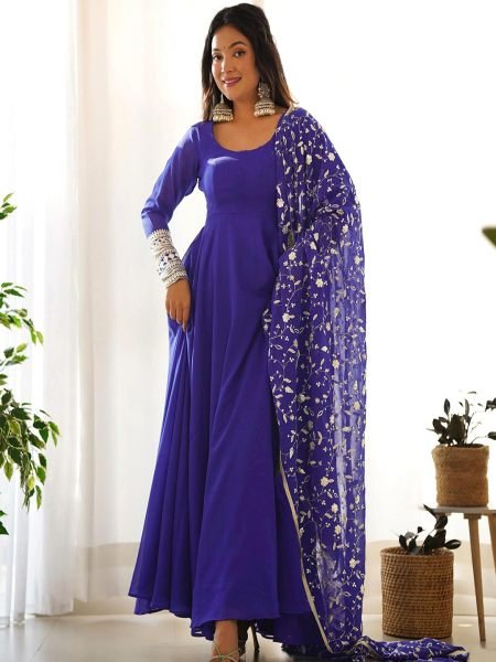 Women Georgette Embroidery  Royal Blue Gown Dupatta Set Gown