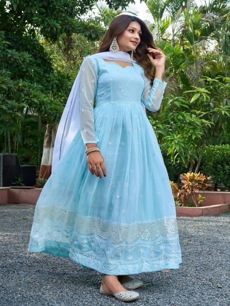 Women Georgette Embroidery Sky Blue Gown Dupatta Set Gown