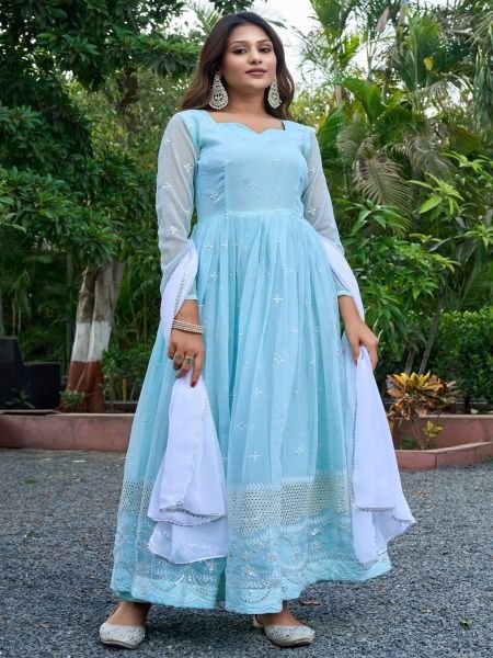 Women Georgette Embroidery Sky Blue Gown Dupatta Set Gown