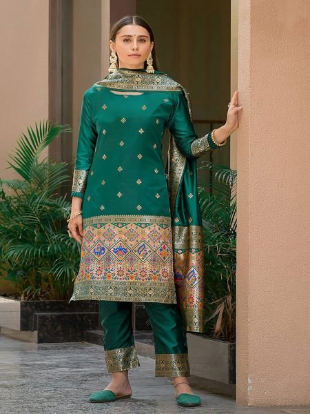 Women Jacquard  Art Silk Green Kurta Pant Dupatta Set 