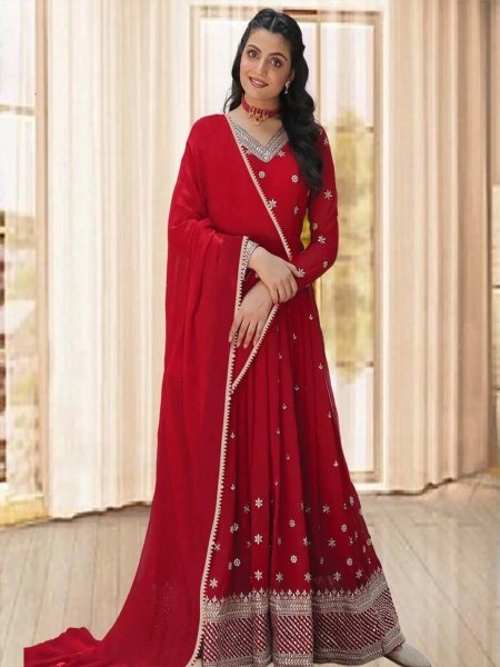 Women Red Georgette Gown Dupatta Set Sale