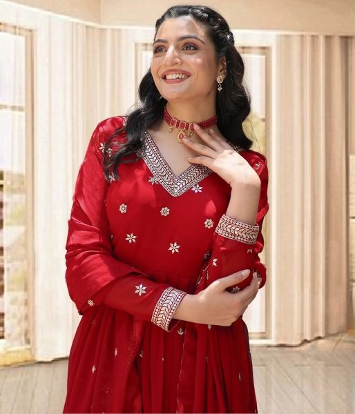 Women Red Georgette Gown Dupatta Set Gown