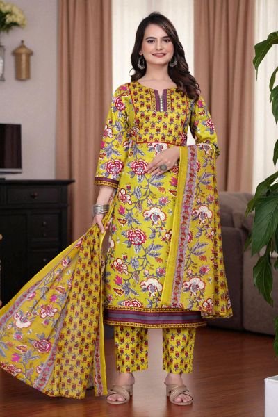 Women s Cotton Floral Printed Kurta Set with Dupatta