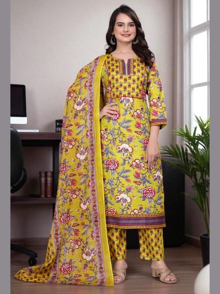 Women s Cotton Floral Printed Kurta Set with Dupatta Daily Deals