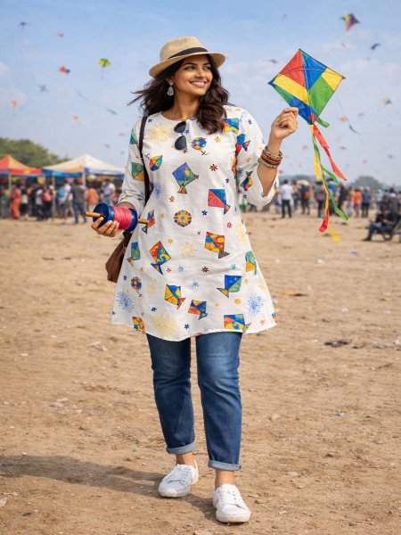 Women   s White Cotton Blend Kite Print Kurti for Makar Sankranti Ethnic Wear