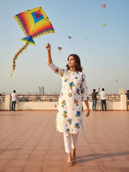 Women   s White Cotton Blend Kite Print Kurti for Makar Sankranti Daily Deals