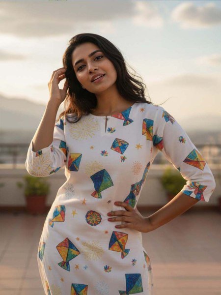 Women   s White Cotton Blend Kite Print Kurti for Makar Sankranti Tunics Kurtis