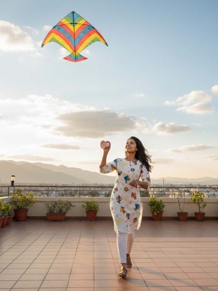 Women   s White Cotton Blend Kite Print Kurti for Makar Sankranti Tunics Kurtis