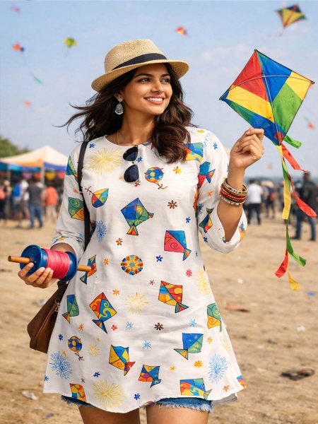 Women   s White Cotton Blend Kite Print Kurti for Makar Sankranti Tunics Kurtis