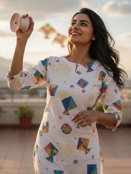 Women   s White Cotton Blend Kite Print Kurti for Makar Sankranti Tunics Kurtis