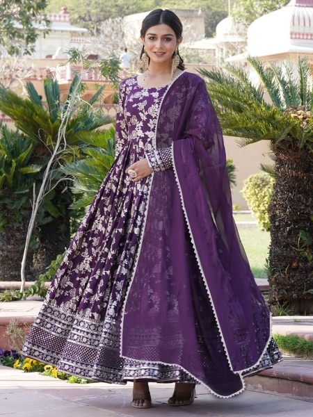 Woven  Embroidered Art Silk Purple Anarkali Gown 