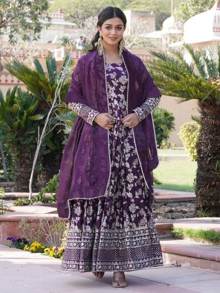 Woven  Embroidered Art Silk Purple Anarkali Gown Gown