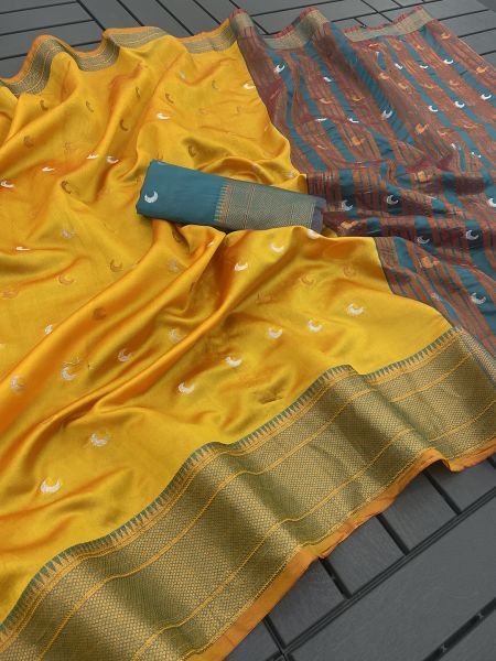 Yellow Banarasi festive wear saree made of cotton  silk  and jacquard Sale