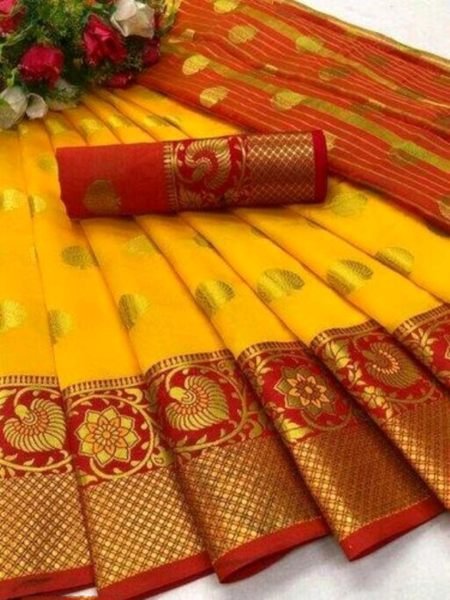 Yellow Cotton Silk Banarasi Saree with Zari Woven Jacquard for Festive Wear Sale