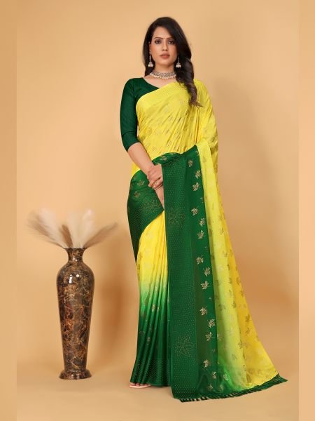 Yellow Diamond Work Zari Butta Party Wear Saree  Sale