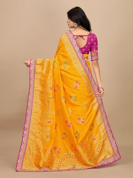 Yellow Dola Silk Kanjivaram Saree with Jacquard Work and Embroidered Lace Border Kanjivaram Sarees