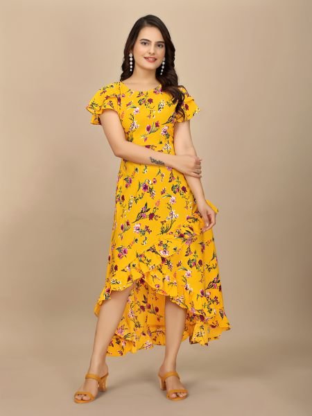 Yellow Floral Elegance High Low Ruffle Hemline Crape Dress with Butterfly Sleeves Dresses