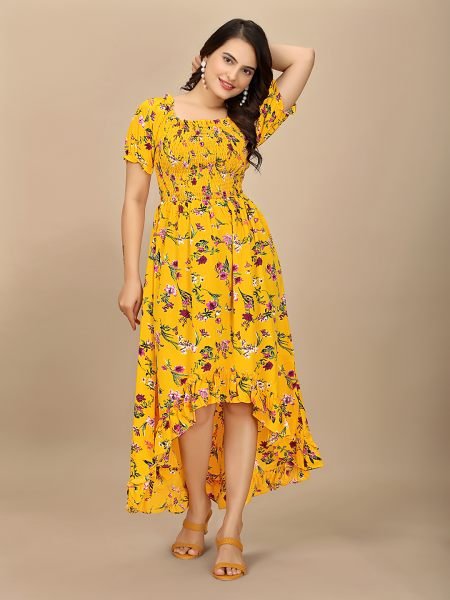 Yellow Floral Elegance Puff Sleeve High Low Maxi Dress with Elastic Closure Dresses