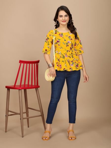 Yellow Floral Print Peplum Crop Top with Boat Neck Half Sleeves Sale