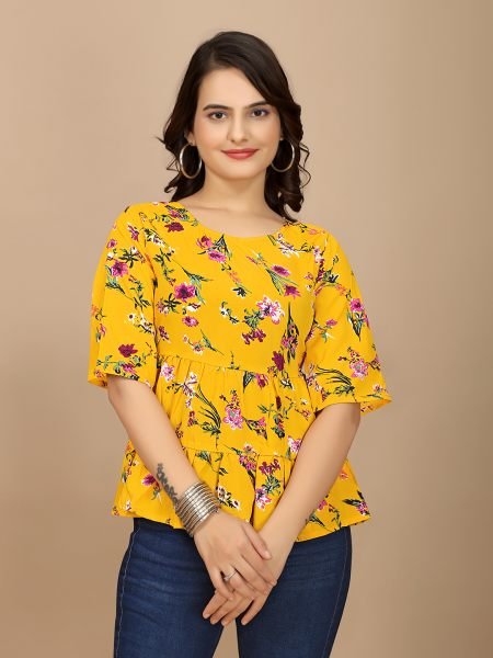 Yellow Floral Print Peplum Crop Top with Boat Neck Half Sleeves Tops & Tshirts