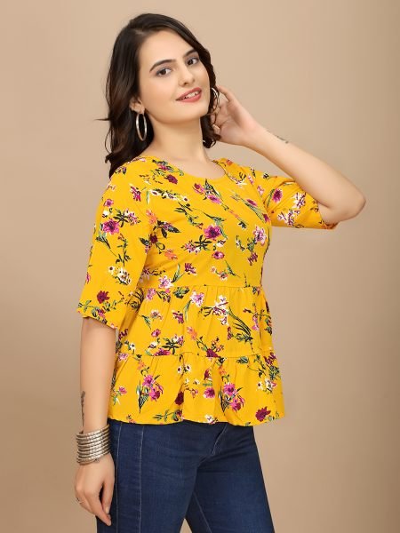 Yellow Floral Print Peplum Crop Top with Boat Neck Half Sleeves Tops & Tshirts