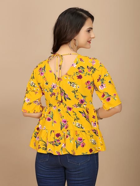 Yellow Floral Print Peplum Crop Top with Boat Neck Half Sleeves Tops & Tshirts