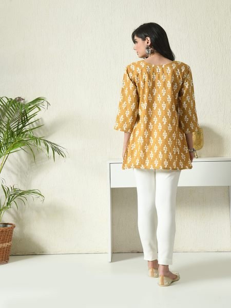 Yellow Floral Printed Cotton Blend Top with Keyhole Neck Kurtis & Tunics