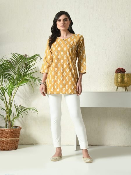 Yellow Floral Printed Cotton Blend Top with Keyhole Neck Kurtis & Tunics