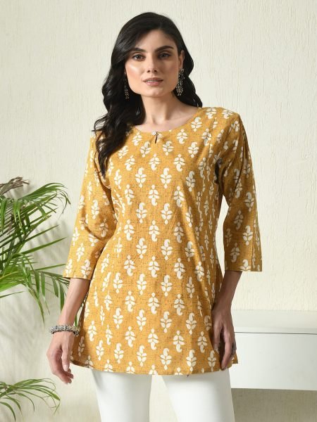 Yellow Floral Printed Cotton Blend Top with Keyhole Neck Kurtis & Tunics