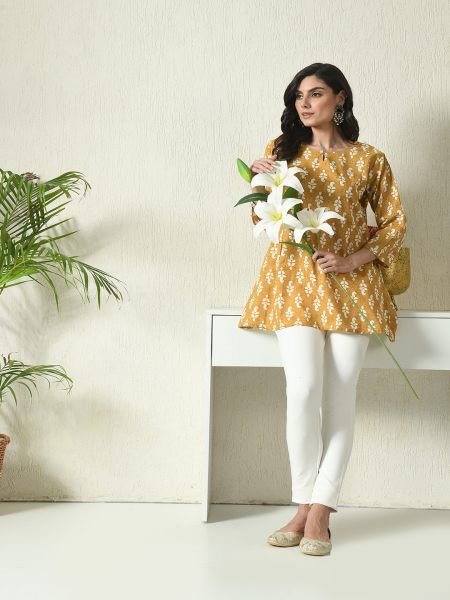 Yellow Floral Printed Cotton Blend Top with Keyhole Neck Kurtis & Tunics