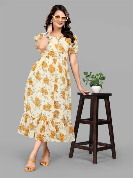 Yellow Georgette Floral Print Puff Sleeve Maxi Dress for Stunning Party Looks Western Wear