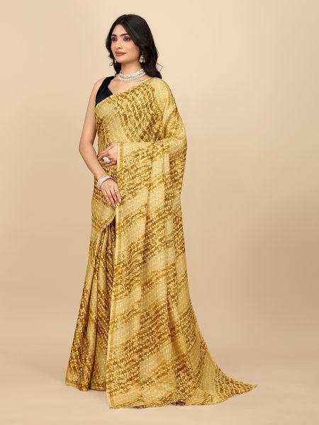 Yellow Gorgeous Manipuri Jute Silk Saree with Bandhani Print, Ready to Wear Ready To Wear Sarees