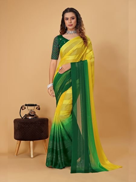 Yellow Green Plain Satin Striped Georgette Saree Sale