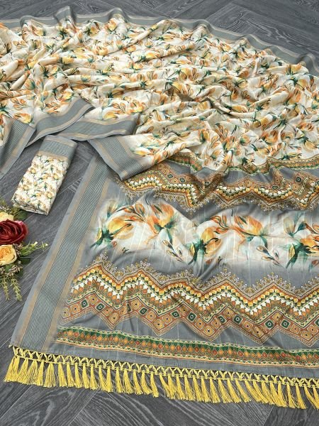 Yellow Grey Cotton Silk Handloom Printed Saree with Tassel Border Pallu Sale