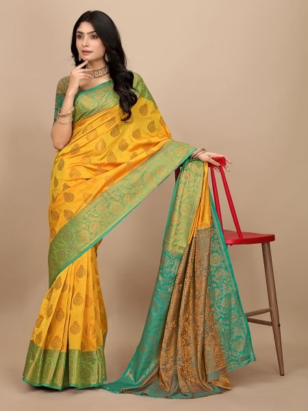 Yellow Pure Silk Fabric Jacquard Copper Zari Authentic Kanjivaram Elegance Sale