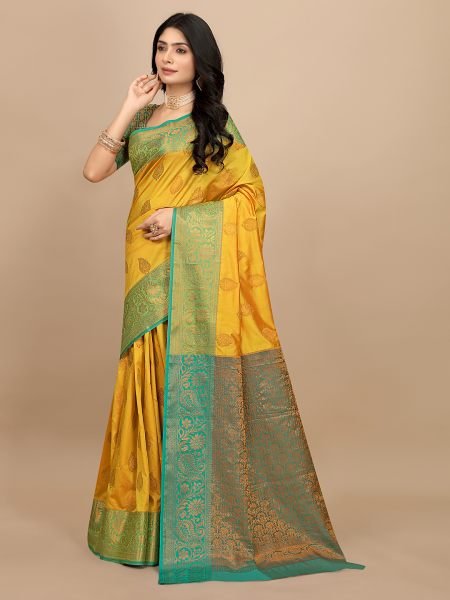 Yellow Pure Silk Fabric Jacquard Copper Zari Authentic Kanjivaram Elegance Banarasi Sarees