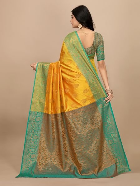 Yellow Pure Silk Fabric Jacquard Copper Zari Authentic Kanjivaram Elegance Banarasi Sarees