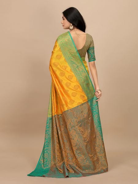 Yellow Pure Silk Fabric Jacquard Copper Zari Authentic Kanjivaram Elegance Banarasi Sarees