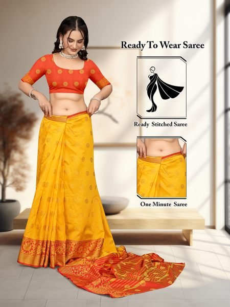 Yellow Ready To Wear Cotton Silk Woven Zari Jacquard Banarasi Traditional Saree 