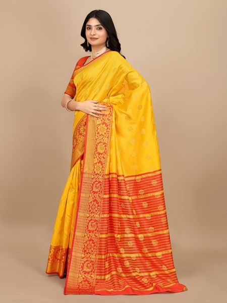 Yellow Ready To Wear Cotton Silk Woven Zari Jacquard Banarasi Traditional Saree Banarasi Sarees