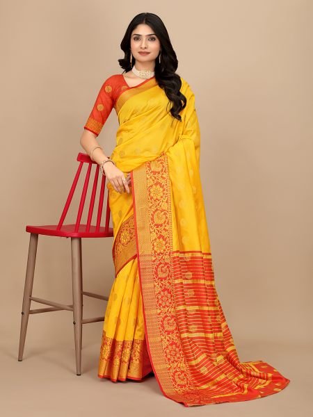 Yellow Ready To Wear Cotton Silk Woven Zari Jacquard Banarasi Traditional Saree Banarasi Sarees