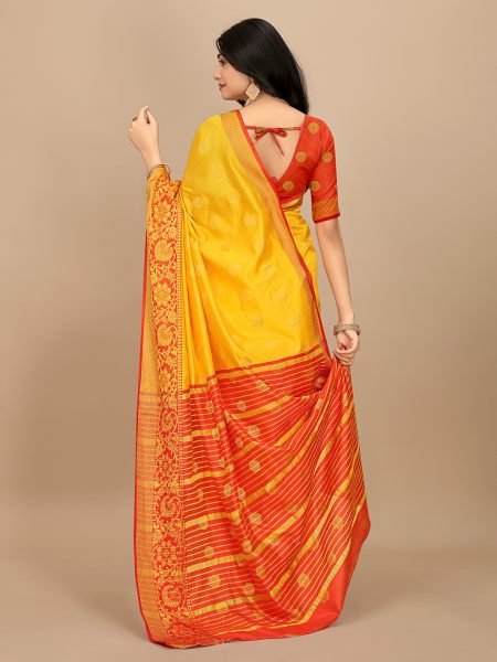 Yellow Ready To Wear Cotton Silk Woven Zari Jacquard Banarasi Traditional Saree Banarasi Sarees